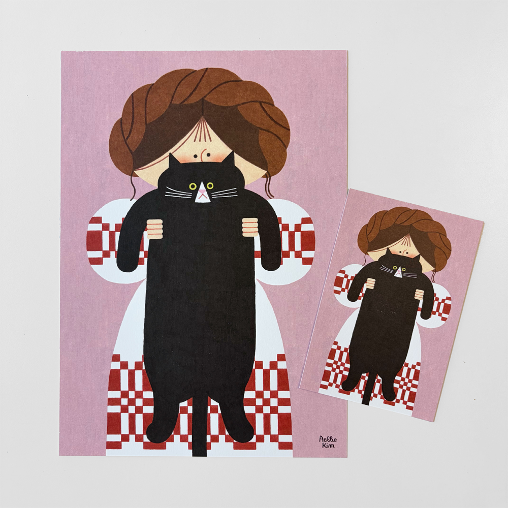 「ポスター・ポストカード」細長い黒猫を抱えた北欧の少女を描いた、ポスターとポストカードです。