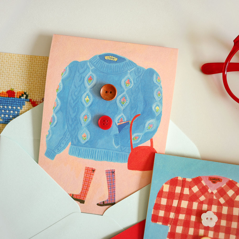 「Button card grandma」おばあちゃんのセーターをイメージしたカード