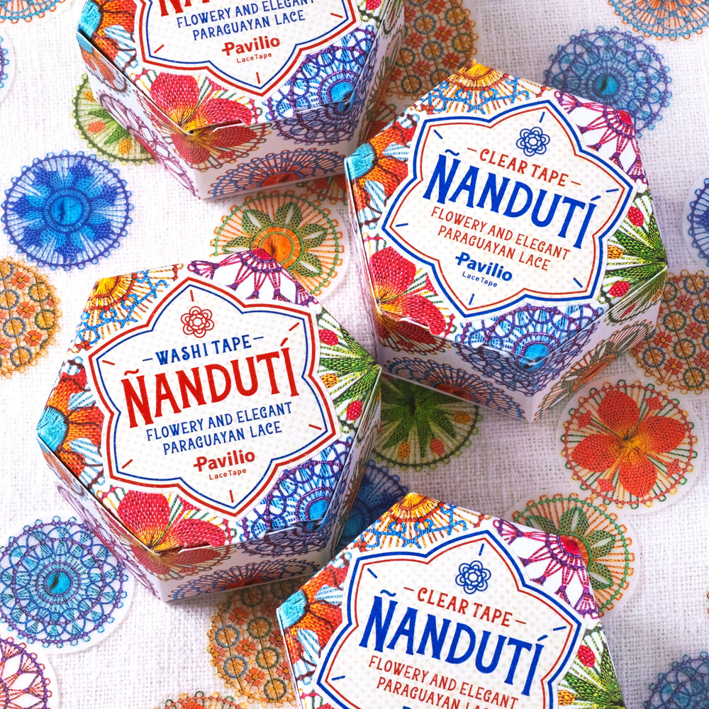「NANDUTII」和紙テープとクリアテープの2種。好みの透け感で、手帳などを彩って下さい。異国情緒あふれるパッケージもぜひ楽しんで！