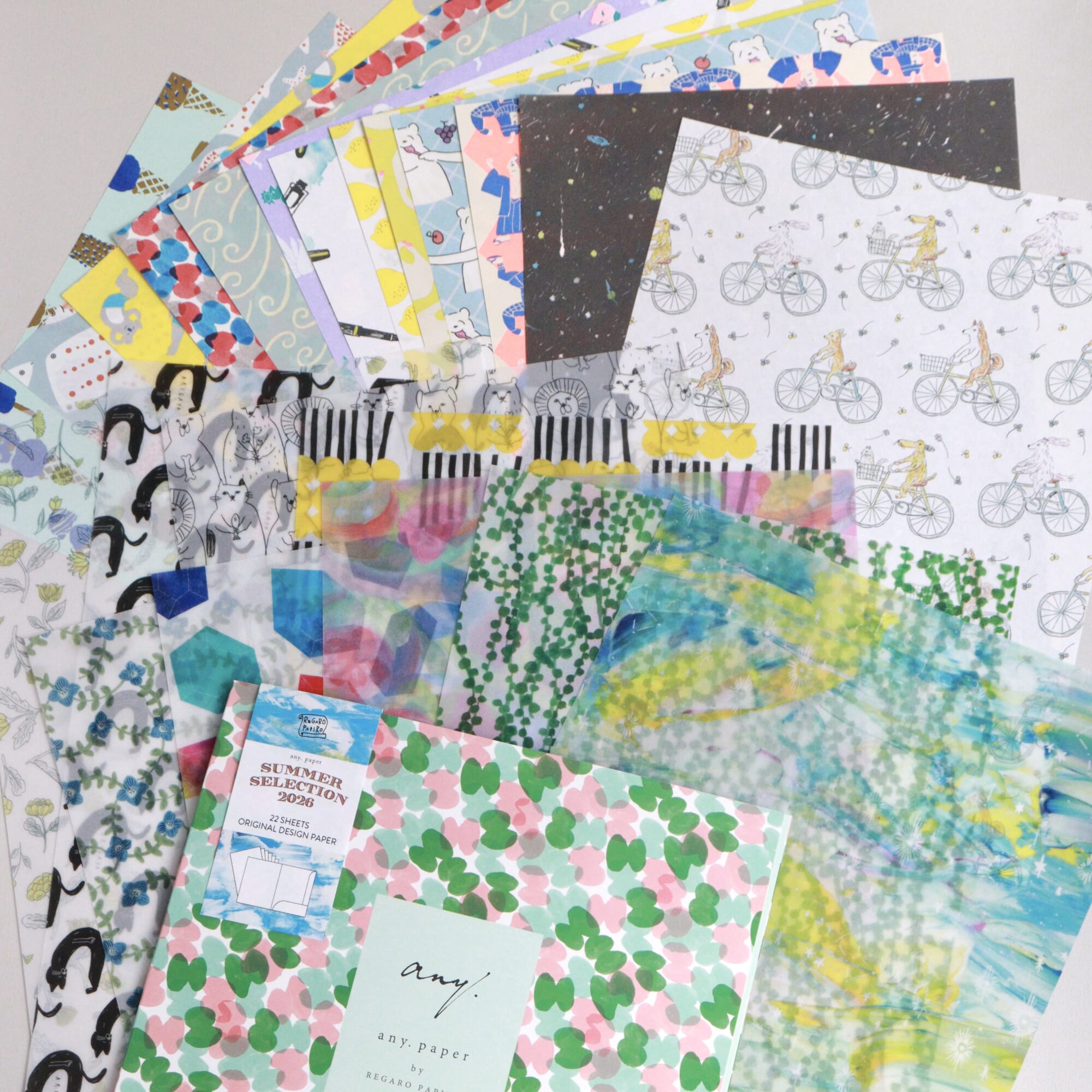 「Summer selection」9種類のトレーシングペーパーと明るく夏らしい柄のany.paper13枚が入ったセット。トレーシングペーパーがたっぷり9枚も入ってるのはサマーセレクションだけ！